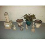 A SELECTION OF RECONSTITUTED STONE PLANTERS AND STATUES TO INCLUDE A LION AND A MONEY PLANT (ONE