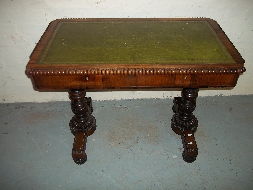 AN ANTIQUE INLAID LEATHER TOPPED TWIN PEDESTAL DESK IN ROSEWOOD