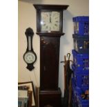 A OAK GRANDFATHER CLOCK WITH ONE WEIGHT AND PENDULUM A/F NO MAKERS MARKS H: 187 CM X w 56 CM
