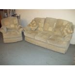 A CHENILLE FABRIC REVERSABLE TWO PIECE SUITE THREE SEATER SOFA AND CHAIR