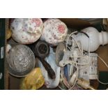 A TRAY OF SUNDRIES TO INCLUDE A PAIR OF JOHNSON BROTHERS "ROSE CHINTZ" LIDDED JARS