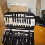A BOXED STANLEY PLANE, A CASED CANTEEN OF CUTLERY, A COLLECTION OF LADIES HANDBAGS ETC.