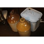 TWO VINTAGE STONEWARE FLAGONS AND AN ENAMEL BREAD BIN