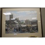 A FRAMED AND GLAZED R. K. CALVERT PRINT OF WOLVERHAMPTON MARKET, 66.5 X 52 CM