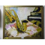 A FRAMED OIL ON BOARD STILL LIFE STUDY OF MUSICAL INSTRUMENTS