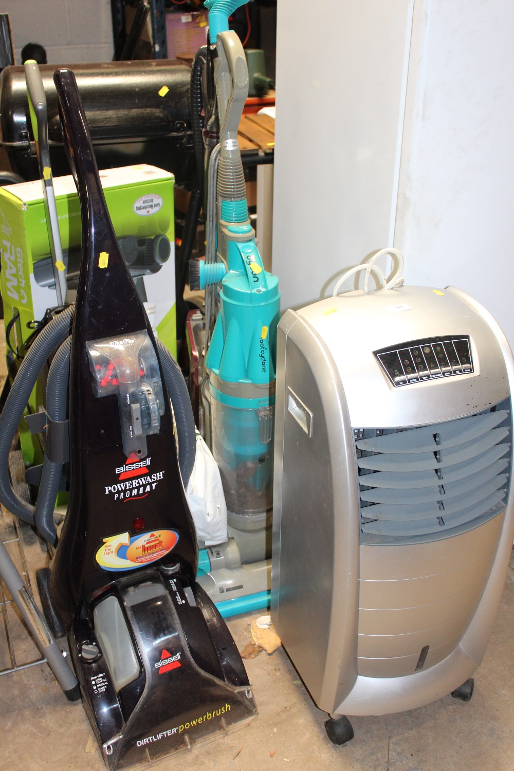 COLLECTION OF FOUR HOOVERS TO INCLUDE DYSON, BOXED G-TECH TOGETHER WITH A DEHUMIDIFIER