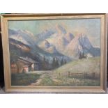 A FRAMED OIL ON CANVAS DEPICTING AN ALPINE LANDSCAPE SCENE - INDISTINCTLY SIGNED LOWER RIGHT