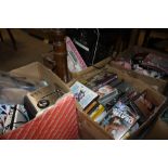 FOUR BOXES OF HOUSEHOLD SUNDRIES TO INC CDS, CUTLERY ETC