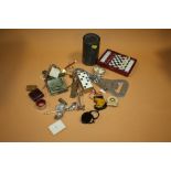 A BOX OF ASSORTED COLLECTABLES TO INCLUDE A TRAVELLING CHESS SET, NOVELTY GOLF PICK SET ETC