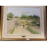 A FRAMED OIL ON BOARD " FIGURES IN AN OLIVE GARDEN " SIGNED LOWER LEFT LEMA