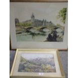 A PARISIAN SCENE AQUATINT SIGNED IN PENCIL TOGETHER WITH A FRAMED AND GLAZED WATERCOLOUR (2)