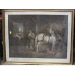 A FRAMED AND GLAZED LITHOGRAPH OF A STABLE SCENE ENTITLED 'RUSTIC CONVERSATION'