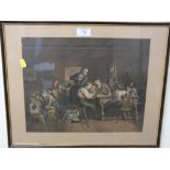 A FRAMED & GLAZED COLOURED LITHOGRAPH OF A SCHOOL SCENE