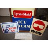 A LYONS MAID ICE CREAM ADVERTISEMENT SIGN TOGETHER WITH TWO OTHER ENAMEL SIGNS PLUS ANOTHER