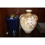 A VINTAGE CERAMIC BRASS TOPPED TEA CADDY TOGETHER WITH AN ORIENTAL STYLE HANDPAINTED VASE