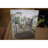 AN UNFRAMED OIL ON CANVAS DEPICTING A QUIET STREET SCENE