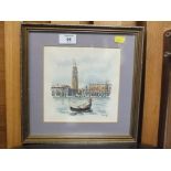 A SMALL FRAMED & GLAZED INK & WATERCOLOUR DEPICTING VENETIAN SCENE