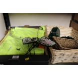 A TRAY OF HIGH VIS POLO SHIRTS AND BASKET OF GARDEN SIGNS