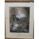 A FRAMED & GLAZED PASTEL OF A WOODEN SCENE INITIALED C R