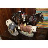 TWO CERAMICS SHIRE HORSE FIGURES TOGETHER WITH TWO CERAMICS BULLS