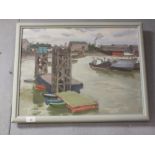 A FRAMED OIL ON CANVAS DEPICTING A DOCKLAND SCENE