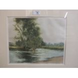 A FRAMED & GLAZED ETCHING DEPICTING CATTLE IN A RIVER SIGNED LOWER RIGHT