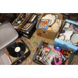 FIVE TRAYS OF ASSORTED SUNDRIES TO INC CERAMICS, RECORDS, TWO VINTAGE TRIANG TRAINS ETC