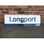 A VINTAGE ALUMINIUM 'LONGPORT' RAILWAY PLATFORM SIGN W 116 cm, H 36 cm