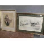 LEON DANCHIN - A FRAMED AND GLAZED SIGNED PRINT OF A SPANIEL HUNTING TOGETHER WITH ANOTHER FRAMED