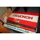 A BOX OF VINTAGE BOARD GAMES TO INCLUDE MONOPOLY, BLASTOFF ETC