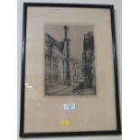 A FRAMED & GLAZED ETCHING DEPICTING A STREET SCENE SIGNED W.MOUR