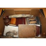 A BOX OF ASSORTED COLLECTABLES TO INCLUDE, SCRAP ALBUMS, GAVEL, PHOTOGRAPHS ETC