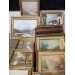 A BOX OF FRAMED OILS AND PRINTS OF VARIOUS SCENES TO INCLUDE COUNTRY SCENES