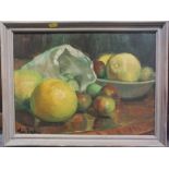 A FRAMED OIL ON BOARD STILL LIFE STUDY OF FRUIT - INDISTINCTLY SIGNED LOWER LEFT