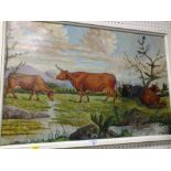 A FRAMED OIL ON CANVAS OF CATTLE IN LANDSCAPE BY M W HUMPHREYS
