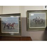 A PAIR OF FRAMED AND GLAZED EQUESTRIAN PRINTS SIGNED LEESA SANDYS LUMSDAINE