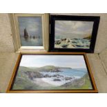 TWO OIL ON BOARD ROCKY COASTAL SCENES TOGETHER WITH A FRAMED OIL ON CANVAS OF BOATS AT SEA (3)