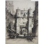 A FRAMED AND GLAZED ETCHING OF A CITY WALL STREET SCENE SIGNED LOWER LEFT