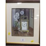A FRAMED & GLAZED GOUACHE DEPICTING CARRIAGE CLOCK & DANDELIONS SIGNED LOWER RIGHT MICHAEL LANE 1993