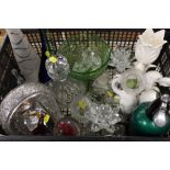 A TRAY OF ASSORTED GLASSWARE TO INCLUDE A STUDIO GLASS BOAT FIGURE, PAPERWEIGHTS, SODA SIPHON ETC.
