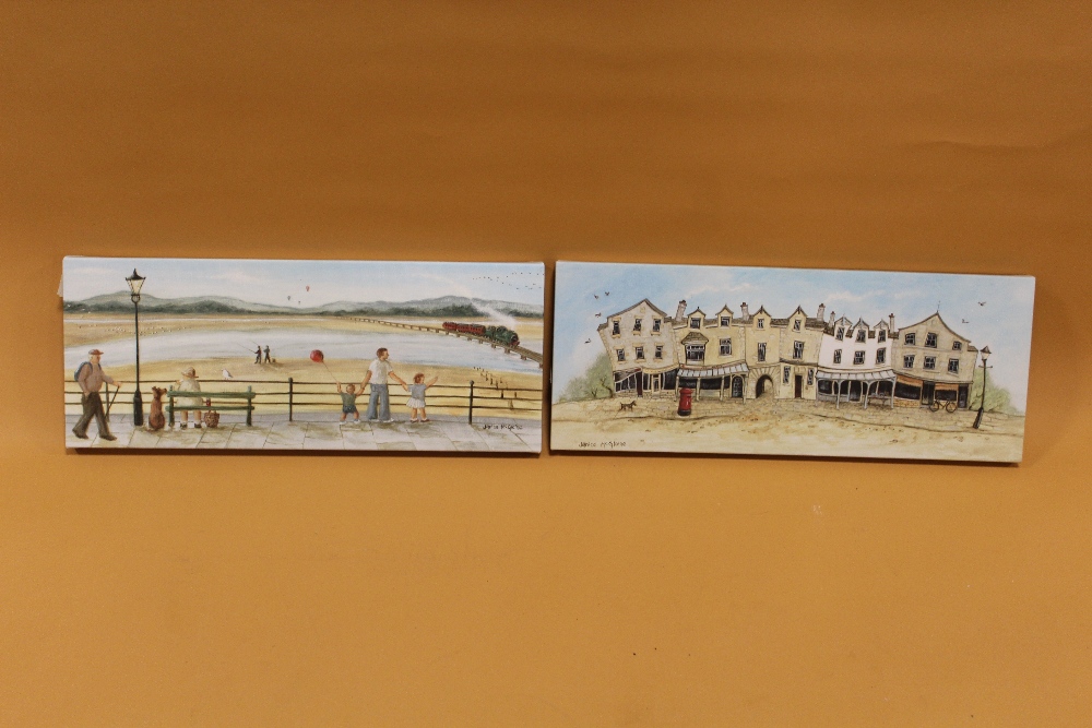 JANICE MCGLOINE - A PAIR OF OIL ON CANVASES DEPICTING AN SURREALIST STREET SCENE AND A PIER
