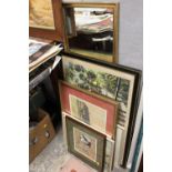 A COLLECTION OF PICTURES AND MIRRORS TO INCLUDE A WATERCOLOUR OF A HOUSE, SILKWORK DEPICTING PANDAS,