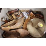 A TRAY OF TREEN COLLECTABLES TO INCLUDE A PAIR OF CLOGS, MAHOGANY SOLITAIRE BOARD WITH MARBLES,