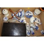 A BOX OF BLUE AND WHITE DELFTWARE CERAMICS, TOGETHER WITH TWO DEMI JOHNS AND TWO TREEN ITEMS