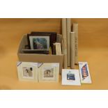 A BOX OF ASSORTED PICTURES AND PRINTS TO INCLUDE TUBE LINED CERAMIC TILES, SIGNED PRINTS, ETC