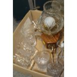 A SET OF SIX TUDOR CRYSTAL DRINKING GLASSES TOGETHER WITH A MODERN LAMP WITH CUT GLASS SHADE ETC
