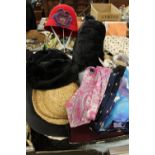 TWO TRAYS OF VINTAGE LADIES ACCESSORIES TO INCLUDE HATS, GLOVES HANDBAGS AND SILK SCARVES TO INCLUDE
