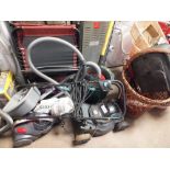 TWO HOOVERS TOGETHER WITH AN ELECTRIC LAWNMOWER, PLANT POT BASKET ETC