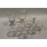 A COLLECTION OF ANTIQUE GLASSWARE ETC, comprising a fluted glass pedestal bowl, a set of six good