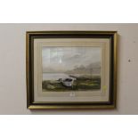 MAURICE ISON - A FRAMED AND GLAZED WATERCOLOUR ENTITLED 'FIRST LIGHT NORFOLK' DATED 1983 - OVERALL